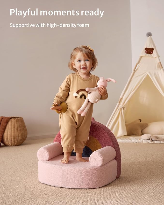 Blissful Diary Toddler Chair Comfy, Foam Kids Chair with Soft Teddy Plush, Toddler Reading Armchair with Cute Rainbow Designs- Blush Pink