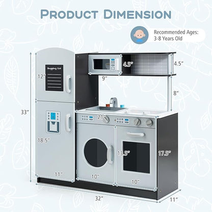 Costzon Kids Kitchen Playset, Wooden Pretend Play Toy Set with Realistic Sound, Microwave, Oven, Washing Machine, Refrigerator, Sink, Play Kitchen for Toddlers, Gift for Boys Girls Age 3+