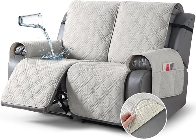 TAOCOCO 100% Waterproof Oversized Loveseat Recliner Cover, Non Slip Split Loveseat Covers for Reclining Loveseat with Elastic Straps for Kids Pets(Oversized 2 Seater, Off White)