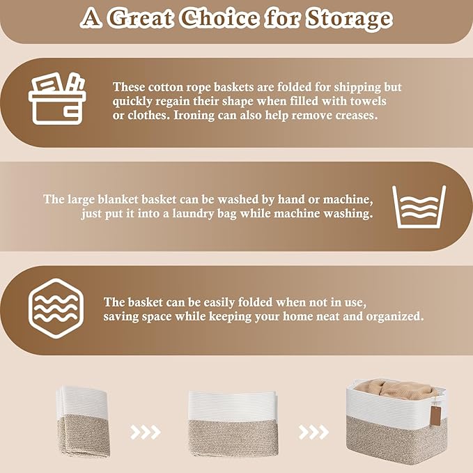 Goodpick Woven Storage Baskets for Organizing 18" x 14" x 12" Large Blanket Basket for Living Room Bedroom, Rectangle Cotton Rope Basket with Handles, Toy Baskets Storage Kids, Brown