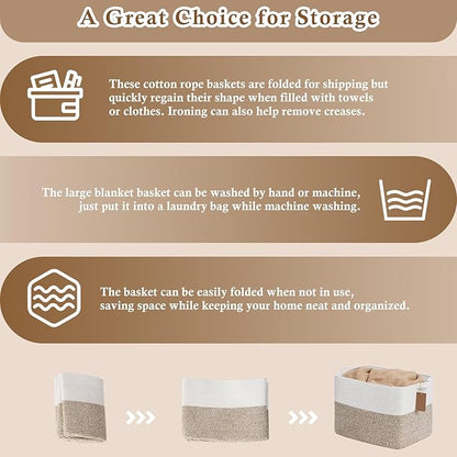 Goodpick Woven Storage Baskets for Organizing 18" x 14" x 12" Large Blanket Basket for Living Room Bedroom, Rectangle Cotton Rope Basket with Handles, Toy Baskets Storage Kids, Brown