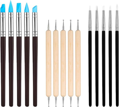 15PCS Silicone Sculpting Tools, Clay Sculpting Tools, Silicone Clay Tool, Modeling Dotting Tool Set with Wooden Handle Ball Stylus for Clays Sculpture, Carving and Shaping