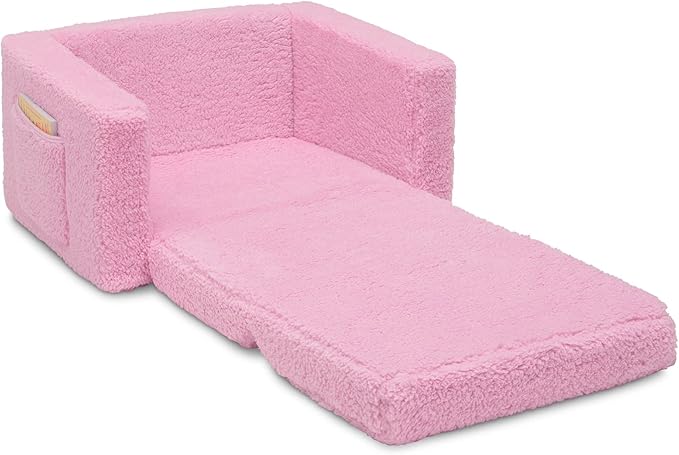 Delta Children Cozee Flip-Out Sherpa 2-in-1 Convertible Chair to Lounger for Kids, Pink