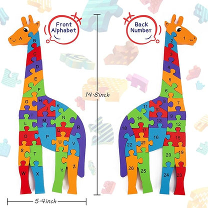 LovesTown Giraffe Wooden Puzzle, 26PCS Jigsaw Alphabet and Number Blocks, Educational Toy for Toddlers, Ideal for Gifting and Learning