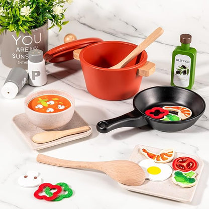 OMYBaby Wooden Play Kitchen Accessories Set for Toddlers, 25PCS Cooking Playset Food Toys with pots & Pans, Melissa and Doug Pretend Play Kitchen Toys Gift for Kids 3Y+