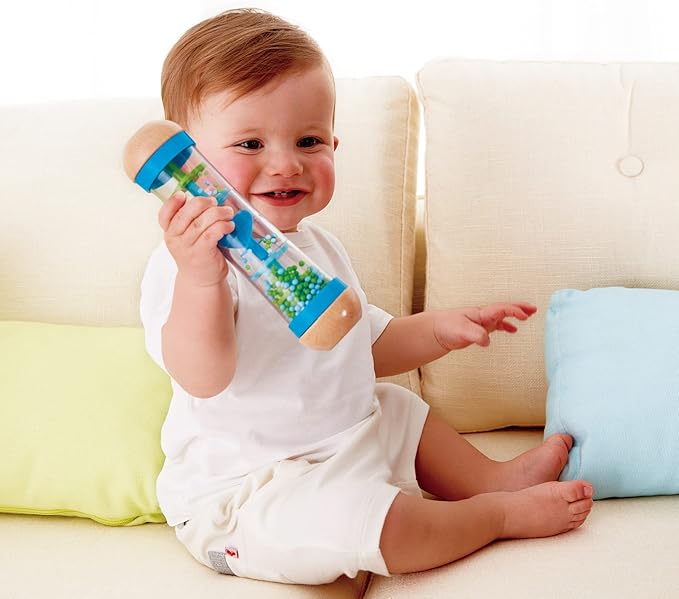 Hape Beaded Raindrops | Mini Wooden Musical Shake & Rattle Rainmaker Toy, Blue, Model Number: E0328B