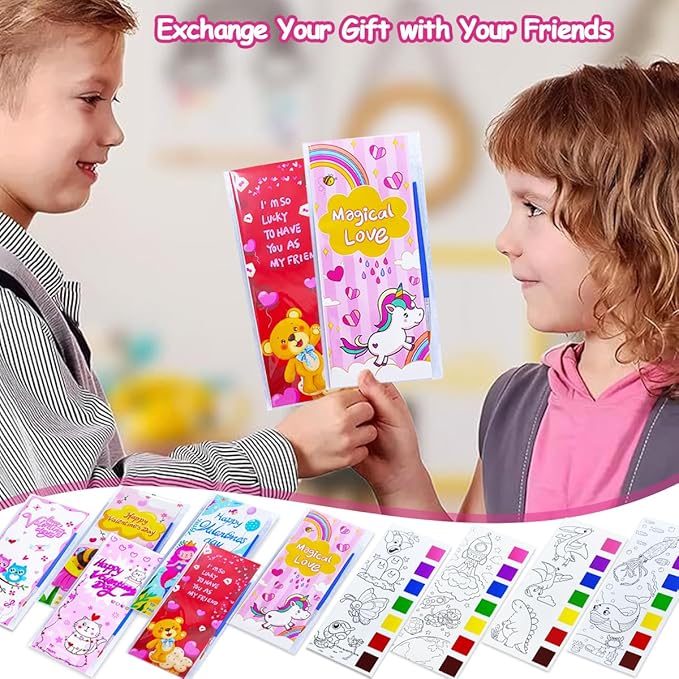 JUNQIU 24 Pack Valentines Day Cards For Kids School, Watercolor Coloring Book Set, Valentines Day Gifts For Kids Classroom Exchange, Paint Party Favors Valentines Crafts