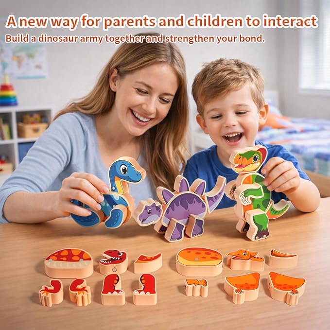 INIFEIDALA Wooden Magnetic Take Apart Dinosaur Building Blocks, Build Your Own Dinosaur Playset, STEM Montessori Educational Toy for Fine Motor Skills, Birthday Gift for 3-6 Year Old Boys Girls