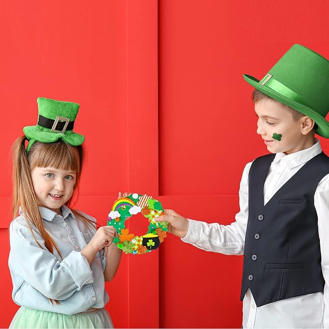 12 Sets St. Patrick's Day Shamrock Wreath Sign Decorations Foam St. Patrick's Day Craft Kits Lucky Shamrock Four-Leaf Clover Rainbow Foam Stickers for Kids Party Favors Classroom Activity Art Project