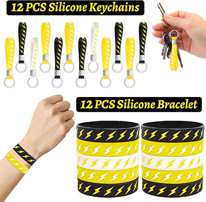 60 PCS Lightning Bolt Party Favors Temporary Tattoos, Silicone Bracelets, Badges, Keychains, Goodie Bags for Flash Lightning Bolt Birthday Decorations, Gifts for Kids
