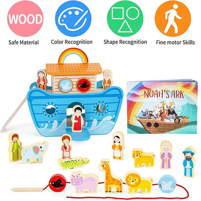 Wooden Noahs Ark Toy Animal Playset, Baptism Gifts for 2 3 4 Years Old Boys Girl, Lacing Beads, Shape Sorter, Montessori Noah's Ark Toys with Bible Story Book for 24 Months Kids