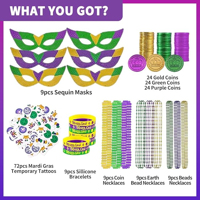 219 Pcs Mardi Gras Party Favors Set, Mardi Gras Masks, Bracelets, Beads Necklaces, Photo Booth Props, Temporary Tattoos Stickers and Coins Set, for Mardi Gras Parade Masquerade Party Decorations