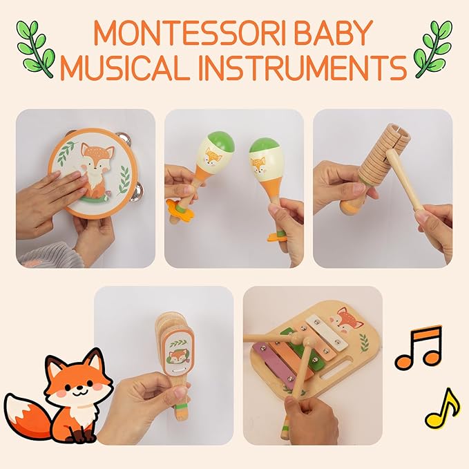 Wooden Musical Instruments Set for Toddlers, Natural Wood Percussion Instruments Xylophone Gift Set for Girls Boys Kids ,Preschool Educational Musical Toys with Storage Bag (Orange Set)