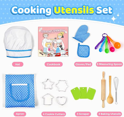 Toyze Apron for Kids Cooking Toys for 3-8 Year Old Girls Boys, Chef Costume for Kids Chef Hat and Apron,Birthday Gifts for Girls Boys 20 Pcs Blue-with Cookbook