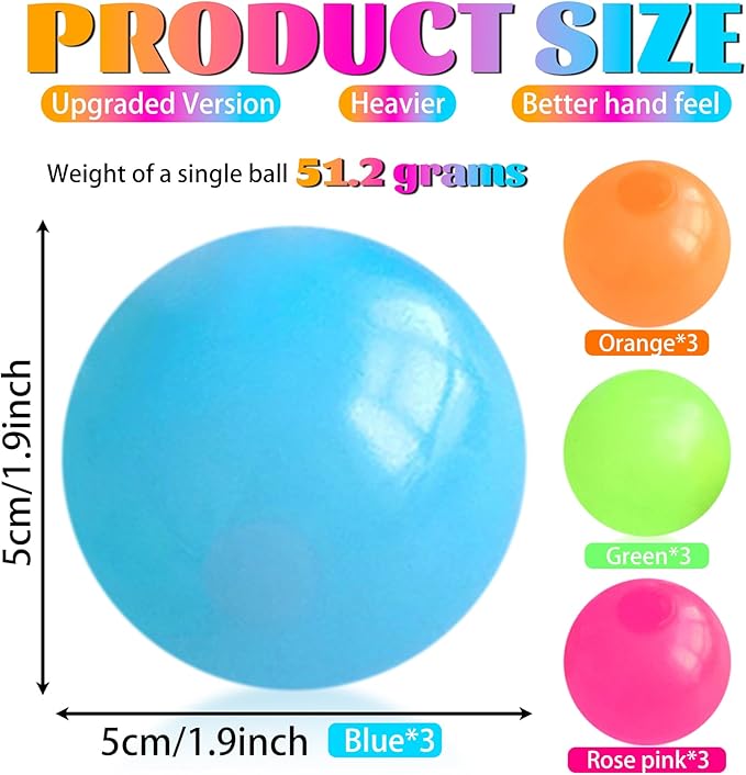 12Pcs Glow in The Dark Sticky Balls Toys, Upgraded Glowing Sensory Balls Stick to The Ceiling, Stress Balls for Kids and Adults, Autism& ADHD Toys, Stocking Stuffers & Party Favors