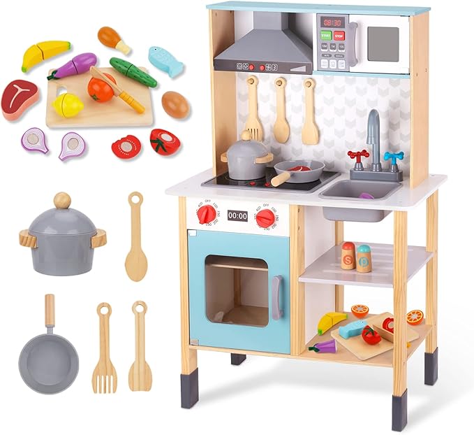 TOOKYLAND Kids Kitchen Playset, Play Kitchen Set for Kids with Real Light & Sounds, Including 11 Piece Simulated Food Accessories, Kids Play Kitchen for Toddlers