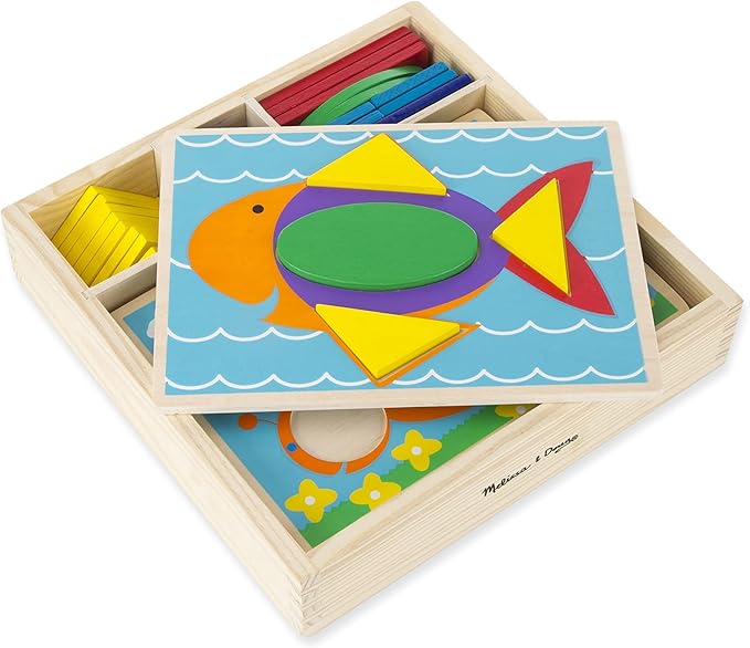 Melissa & Doug Beginner Wooden Pattern Blocks Educational Toy With 5 Double-Sided Scenes and 30 Shapes