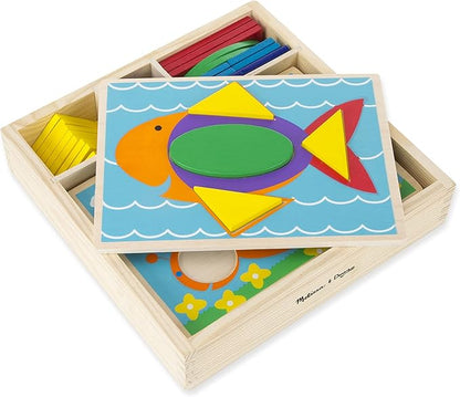 Melissa & Doug Beginner Wooden Pattern Blocks Educational Toy With 5 Double-Sided Scenes and 30 Shapes