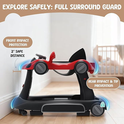 6 in 1 Foldable Baby Walker, Activity Baby Walker-Baby Bouncer, Rocker, Activity Center,Push Walker,Detachable Trampoline Mat, Adjustable Speed Rear Wheels and Height,Music & Lights,Ages 6-18 Months
