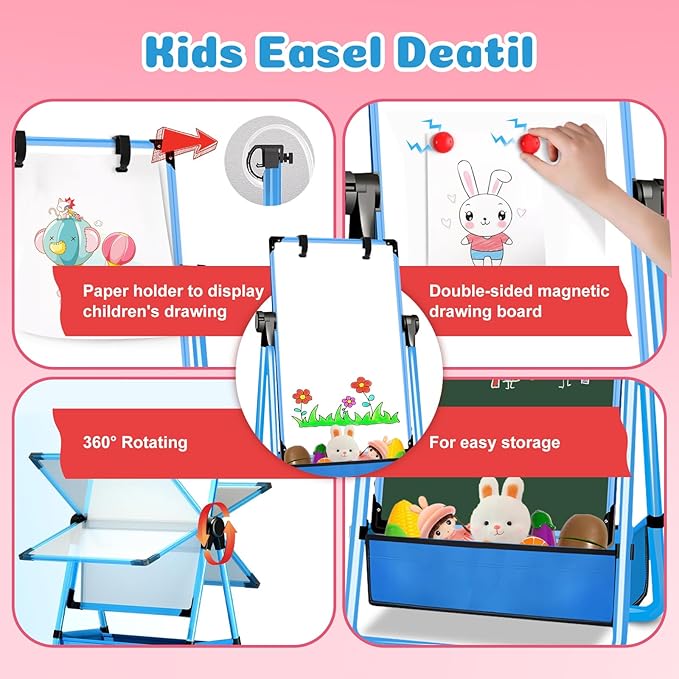 Kids Easel Double-Sided Art Easel with Paper Clip Height Adjustable Whiteboard & Chalkboard 360°Rotating Standing Art Easel for Kids Gift for Boys and Girls Toys for Ages 2-4