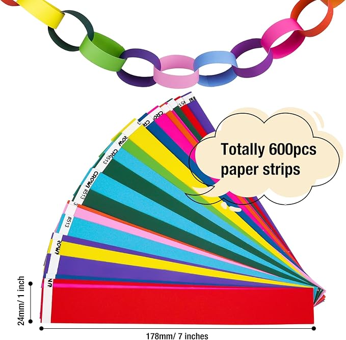 CHRORINE 600Pcs Colorful Paper Chains Strips for Birthday Party Decorations DIY Crafts Supplies (Rainbow, 1 x 7.08 inches)