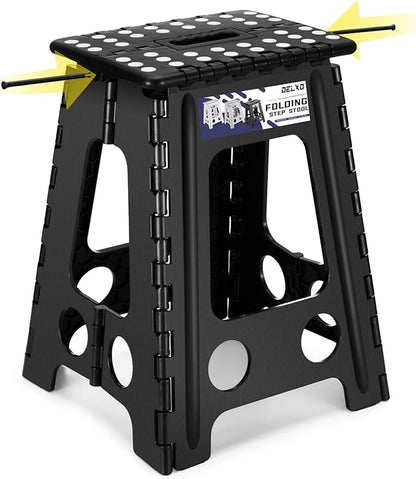 Delxo 17.5 Inch Folding Step Stool, Heavy Duty Foldable Stool for Adults,Premium Portable Collapsible Plastic Step Stool,Non Slip Folding Stools for Kitchen Bathroom Bedroom Up to 400LBS,(Black 1PC)