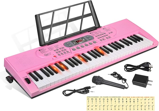 Hricane Keyboard Piano Lighted Keys for Beginner Adults Teens Kids, 61 Key Electronic Music Keyboard with Teaching Modes Powered by USB or Battery with LCD Display Microphone Headphone Jack