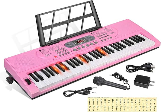 Hricane Keyboard Piano Lighted Keys for Beginner Adults Teens Kids, 61 Key Electronic Music Keyboard with Teaching Modes Powered by USB or Battery with LCD Display Microphone Headphone Jack