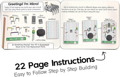 MicroKits Theremin Electronics Kit | Educational Electronic Music STEAM/STEM Kits for Kids or Grown Ups | No Tools Needed Easy to Build Breadboard Kit