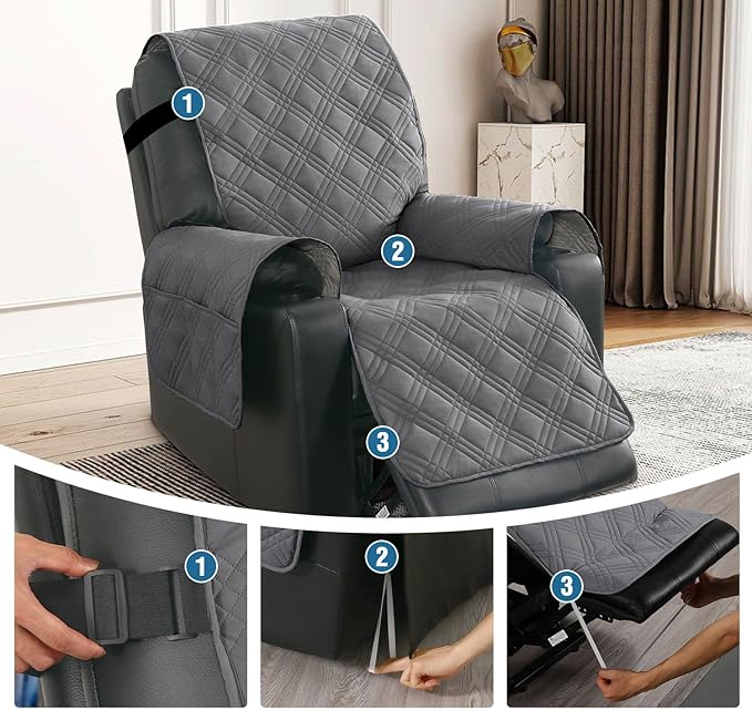 H.VERSAILTEX 100% Waterproof Recliner Chair Cover Nonslip Recliner Cover Stay in Place Electric Power Lift Recliner Slipcovers Fitted Standard Large Power Lift Recliner with Side Pocket,Grey/Beige