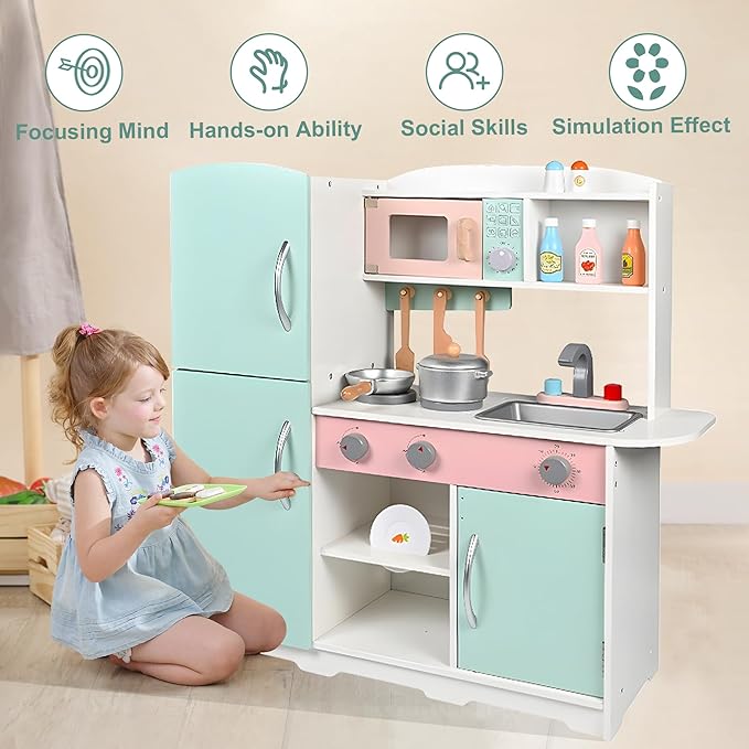 Wooden Play Kitchen Toy Kitchen Set with Stove,Oven,Sink,Fridge and 11 Pcs Kitchen Playset Accessories, Play Kitchen Sets for Kids,Toddler Kitchen Playset,Montessori Toys for Kids 4-8 Year Boys&Girl