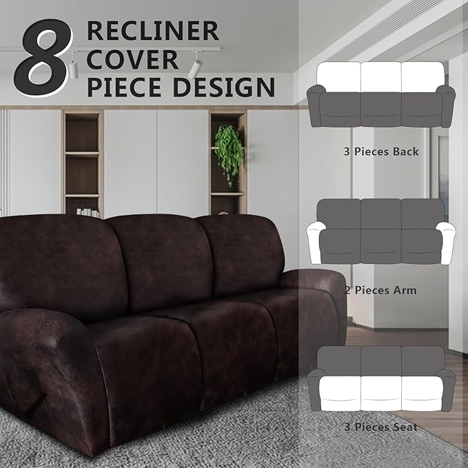 molasofa Recliner Sofa Covers - 8 Pieces Stretch Leather Like Large Couch Covers for 3 Seats Reclining Slipcovers Soft Jacquard Pattern Furniture Protector with Elastic Bottom (Chocolate)