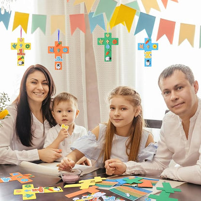 Fennoral 24 Pack Easter Cross Craft Kit for Kids Make You Own Cross Foam Stickers Ornament DIY Easter Arts and Crafts for Spring Party Supplies Easter Decoration