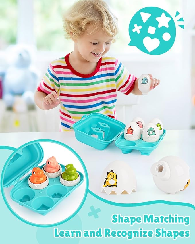 CPSYUB Dinosaur Toddler Matching Eggs Toys - Color Shape Sensory Sorting Toys for Toddler 1-3, Easter Montessori Learning Fine Motor Skills Travel Bingo Puzzle Games Birthday Gifts for Baby Boys Girls