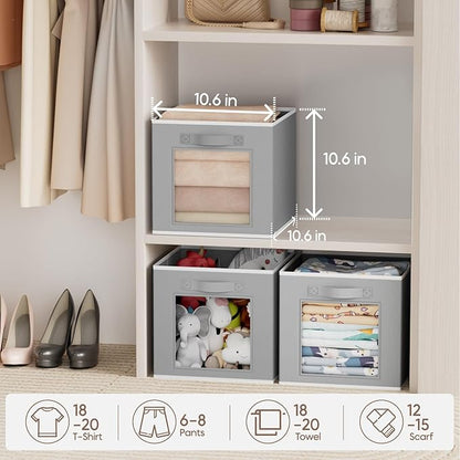 Homsorout Foldable Storage Cubes - Cubby Storage Organizer with Window, 11 Inch Baskets for Organizing, Collapsible Fabric Storage Cubes for Shelves, Closet, 10 Pack, Grey