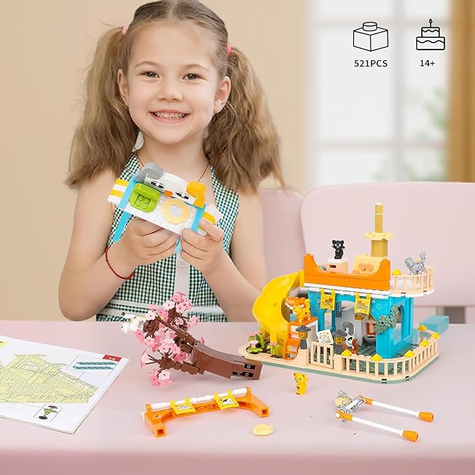 QLT QIAOLETONG Cute Cat House Toy Building Set for Adult, Compatible with Lego Friend, 521 PCS Friendship House Building Blocks Kit with Animals, Ideas Birthday Gift for Teen Boys