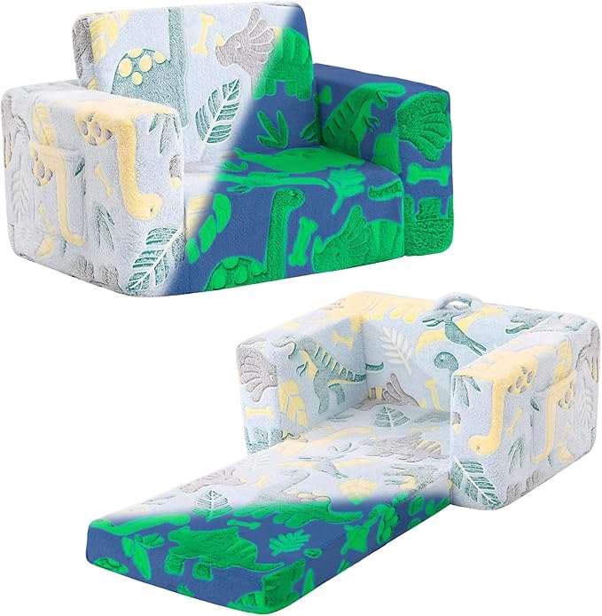 Tiita Kids Sofa, 2-in-1 Kids Sofa Chair, Convertible Children Couch to Lounger, Flip Out Kids Sofa Chair, Glow in The Dark Toddler Armrest Chair Bed for Girl or Boy (Grey Dinosaur)