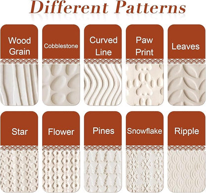 Lzttyee Set of 10 Wooden Handle Pottery Tools Clay Modeling Pattern Rollers Kit Brown (Set of 10)