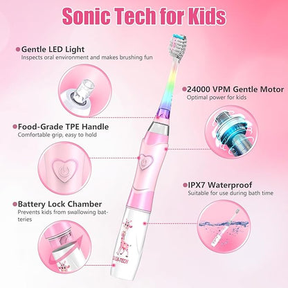 Kids Electric Toothbrush Toddler Toothbrush Age 2-4-8-12 Girls Electric Toothbrush with Timer Rainbow LED Light Up Vibrating Toothbrush Battery Operated Childrens Sonic Tooth Brush (Pink Giraffe)