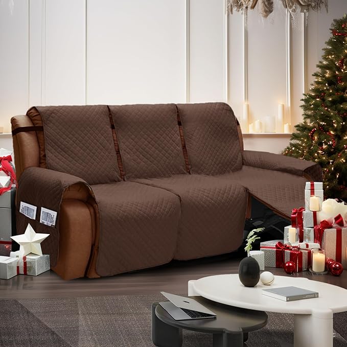XINEAGE Water Resistant Recliner Cover, 3 seat Recliner Sofa Covers with Pockets, Quilted Thick Recliner Protector Cover for Dog Pets with Non Slip Backing and Strap (Recliner Sofa, Coffee)