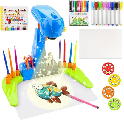 Enjoy Myself Kids Projection Drawing Toy,Smart Kids Projection Drawing Sketcher with 32 Cartoon Patters,Adjustable Art Sketcher Projector with 12-Color Watercolor Pens,8-Color Erasable Pens,Blue