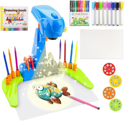 Enjoy Myself Kids Projection Drawing Toy,Smart Kids Projection Drawing Sketcher with 32 Cartoon Patters,Adjustable Art Sketcher Projector with 12-Color Watercolor Pens,8-Color Erasable Pens,Blue