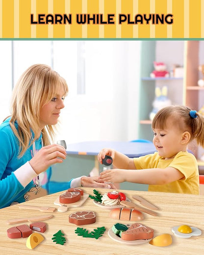 Wooden Play Food Set, Wooden Food Toys for Toddlers 1-3, Wooden Kitchen Toys Include Steak Pasta Wine Shopping Bag, Montessori Kitchen Tools for Toddlers, Cut Fruit Gift for Girl Boy 3-5 Years
