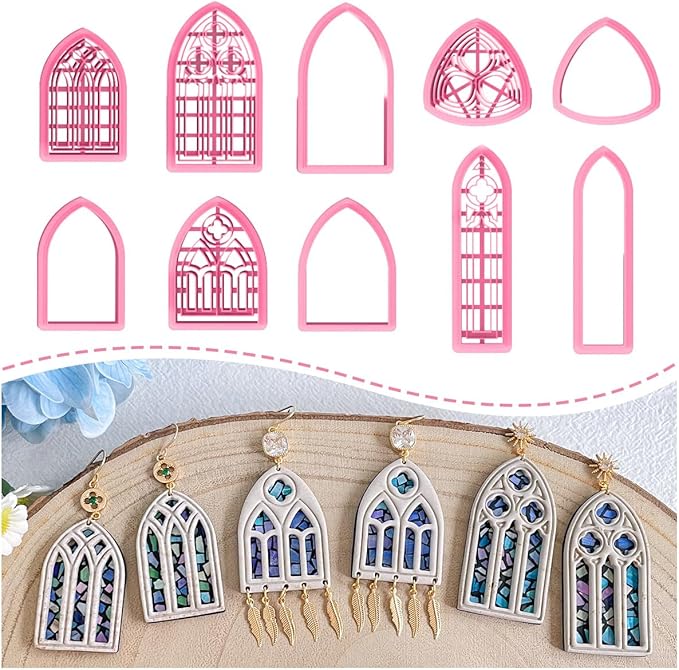 Keoker Gothic Window Clay Cutters, Frame Clay Cutters for Polymer Clay Jewelry, Cathedral Window Polymer Clay Cutters, Clay Earring Cutters, 10 Shapes Earring Cutters for Polymer Clay
