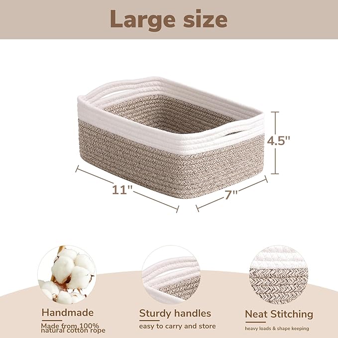 Goodpick Baskets for Organizing, 11 x 7 x 4.5 in, Baskets for Shelves, Toy Storage, Home Decor, Dorm Decor 3 Pack for Bathroom, White & Light Brown