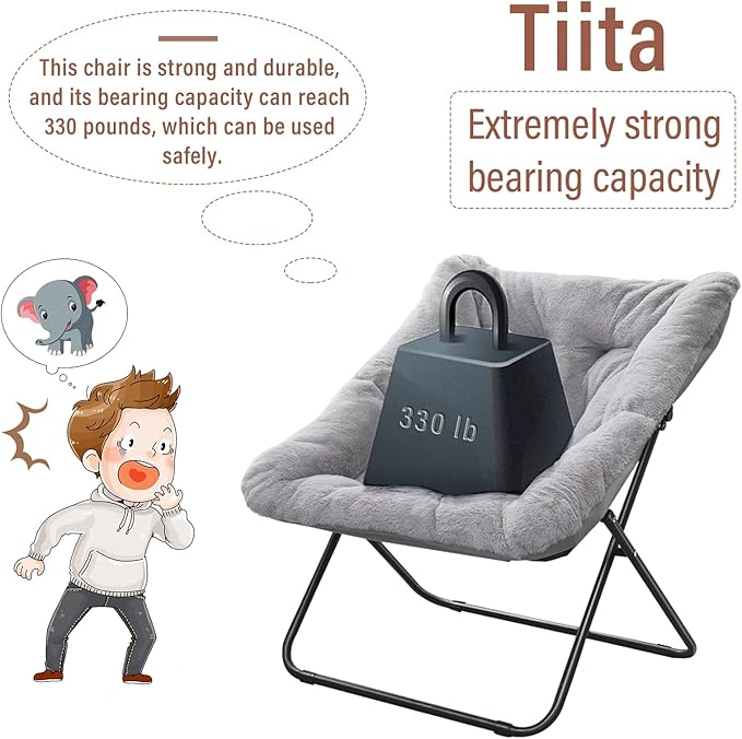 Tiita Comfy Saucer Chair, Soft Faux Fur Oversized Folding Accent Chair, Lounge Lazy Chair for Kids Teens Adults, Metal Frame Moon Chair for Bedroom, Living Room, Dorm Rooms, X-Large, Grey