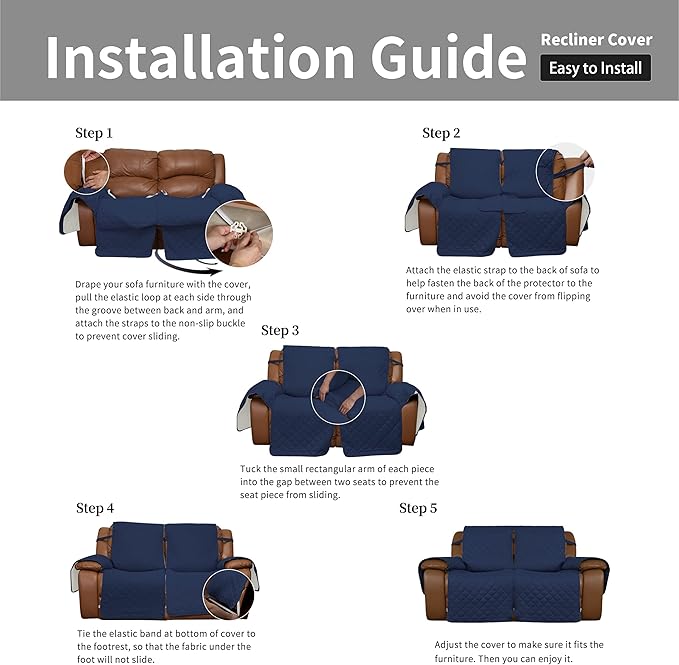 Easy-Going Loveseat Recliner Cover, Reversible Couch Cover for Double Recliner, Split Sofa Cover for Each Seat, Furniture Protector with Elastic Straps for Dogs, Pets(2 Seater, Navy/Ivory)
