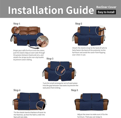 Easy-Going Oversized Loveseat Recliner Cover, Reversible Couch Cover for Double Recliner, Split Sofa Cover for Each Seat with Elastic Straps for Dogs, Pets(Oversized 2 Seater, Navy/Ivory)