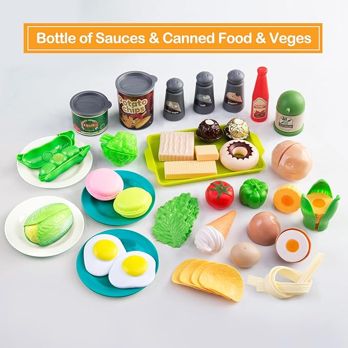 150Pcs Kitchen Playset, Toddlers Pretend Cooking Cookware Accessories, Food, Picnic Blanket, Fruits, Veges, 2Pack Shopping Storage Basket, Dessert and Prop Money, Gift for Kids (Turquoise)