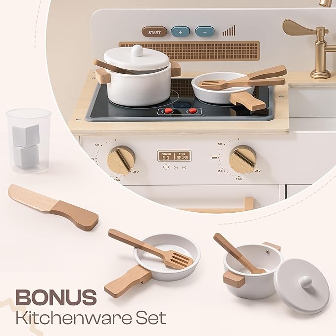 ROBOTIME Play Kitchen for Toddlers, Wooden Kids Play Kitchen Playset with Real Lights & Sounds/Ice Cube Dispenser, Pretend Play Toy Kitchen, Gift for Ages 3+ (White)